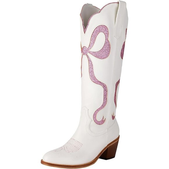 Women's White Cowgirl Boots With Bow Knee High Cowboy Boots Almond Toe - Picture 1 of 6